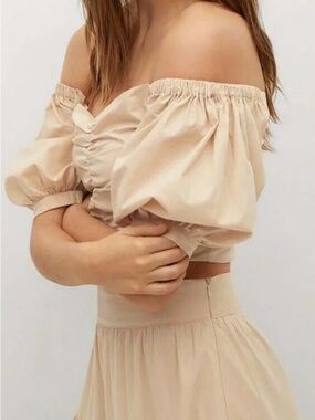 Mango Off Shoulder Puff-Sleeve Front-Zip Crop Top Beige, S, 4, NWT, 100% Cotton